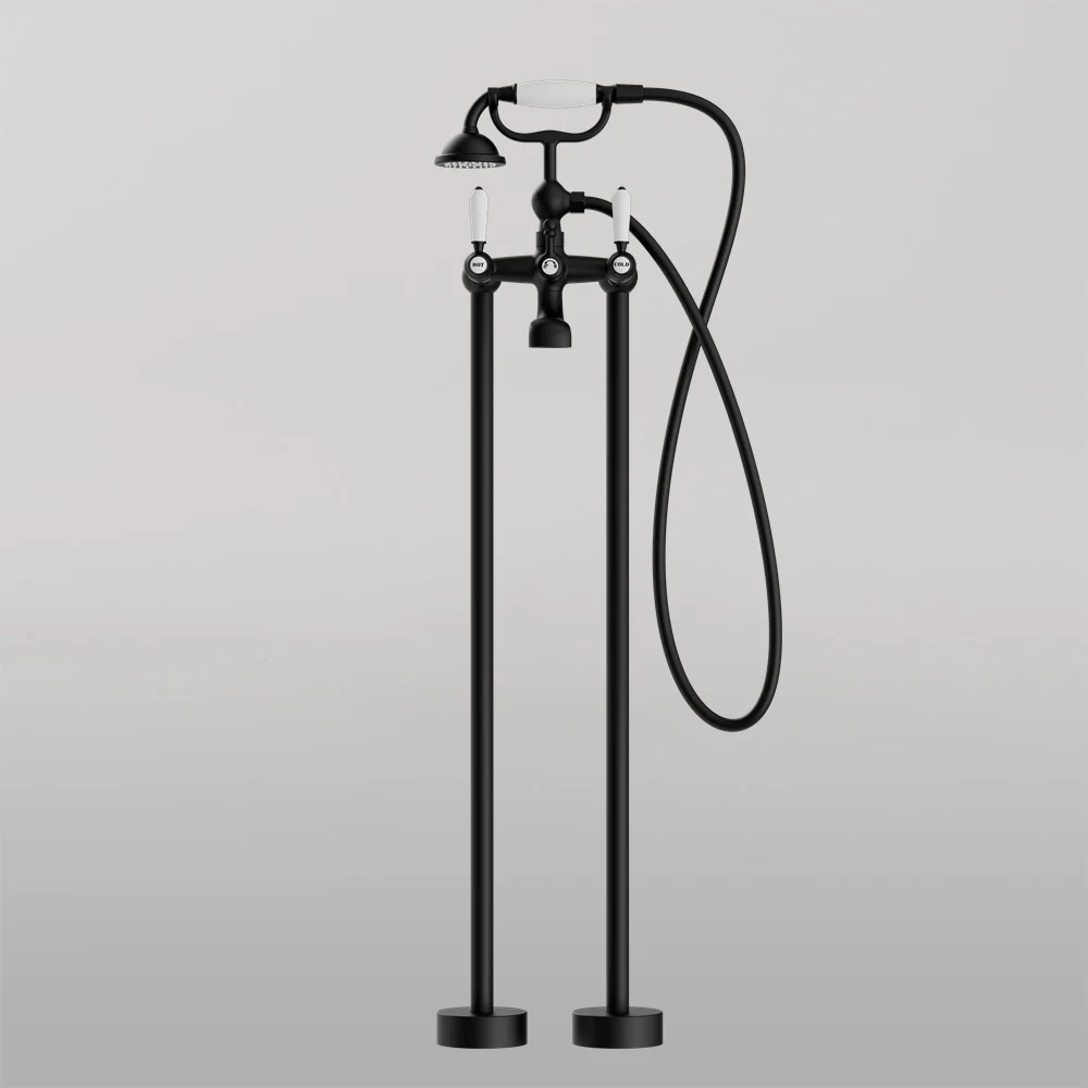 Nero York Freestanding Bath Mixer With White Porcelain Hand Shower Matte Black - Image 2