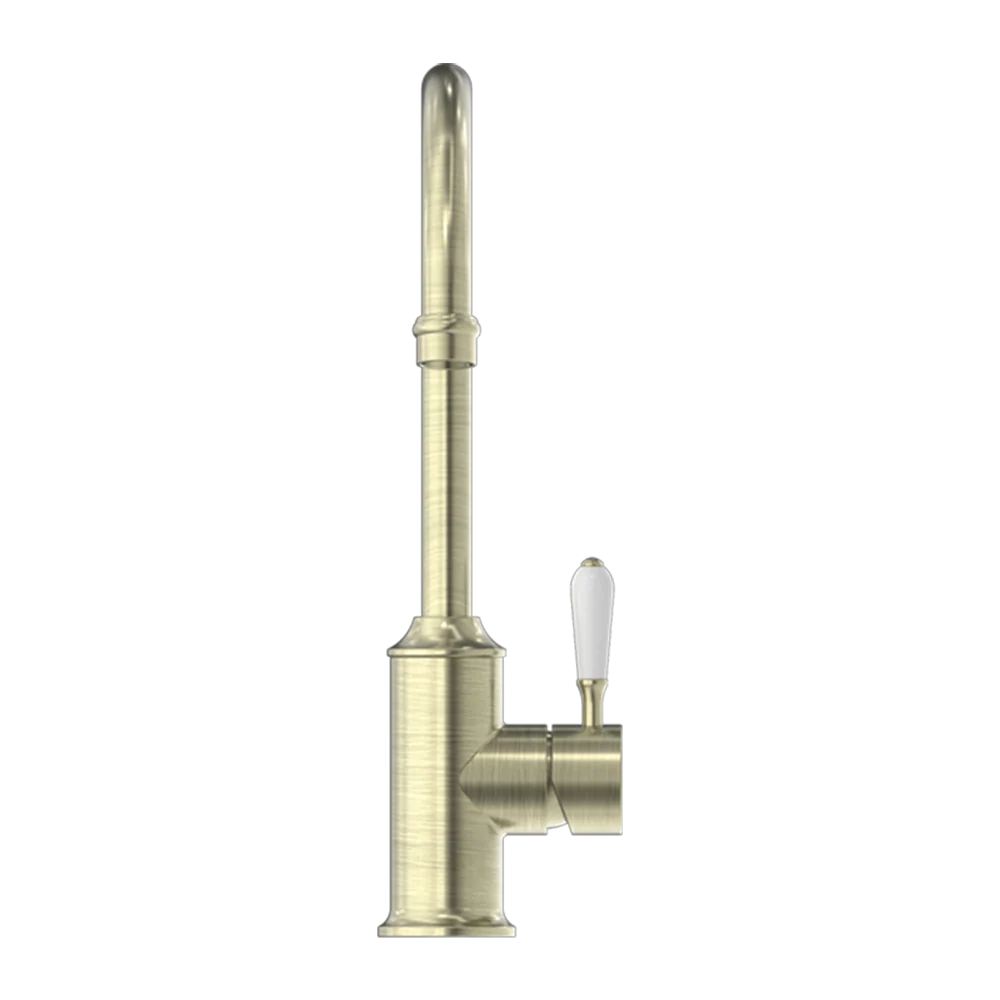 Nero York Kitchen Mixer Gooseneck Spout with White Porcelain Lever Aged Brass - Image 4