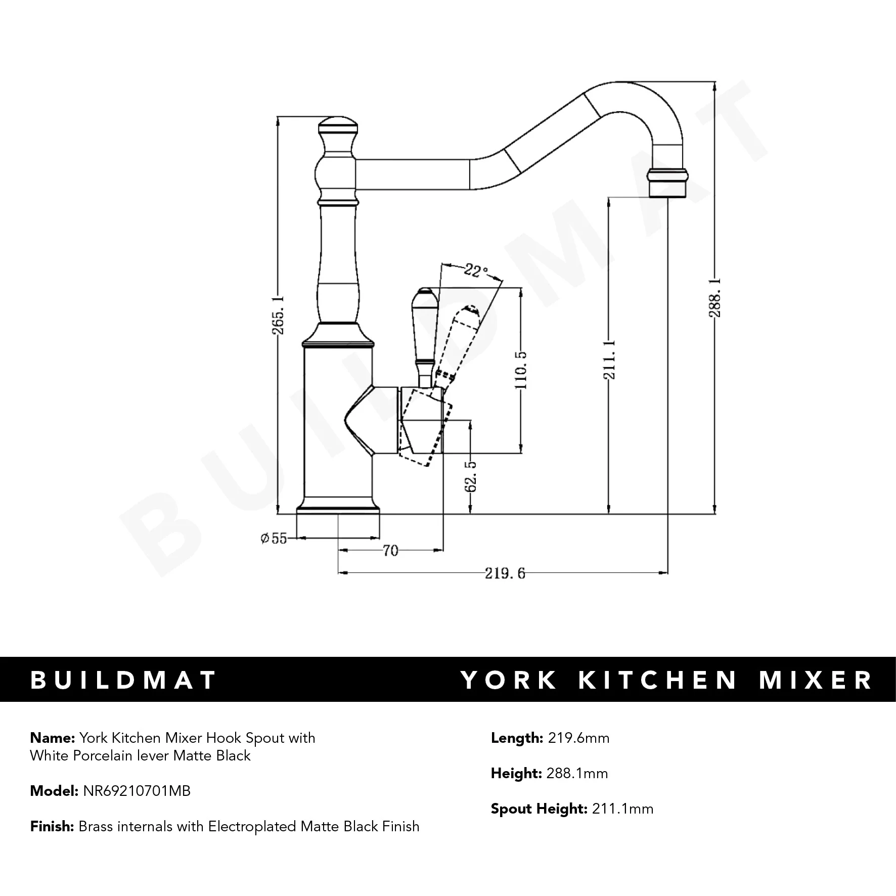 Nero York Kitchen Mixer Hook Spout with White Porcelain Lever Matte Black - Image 5