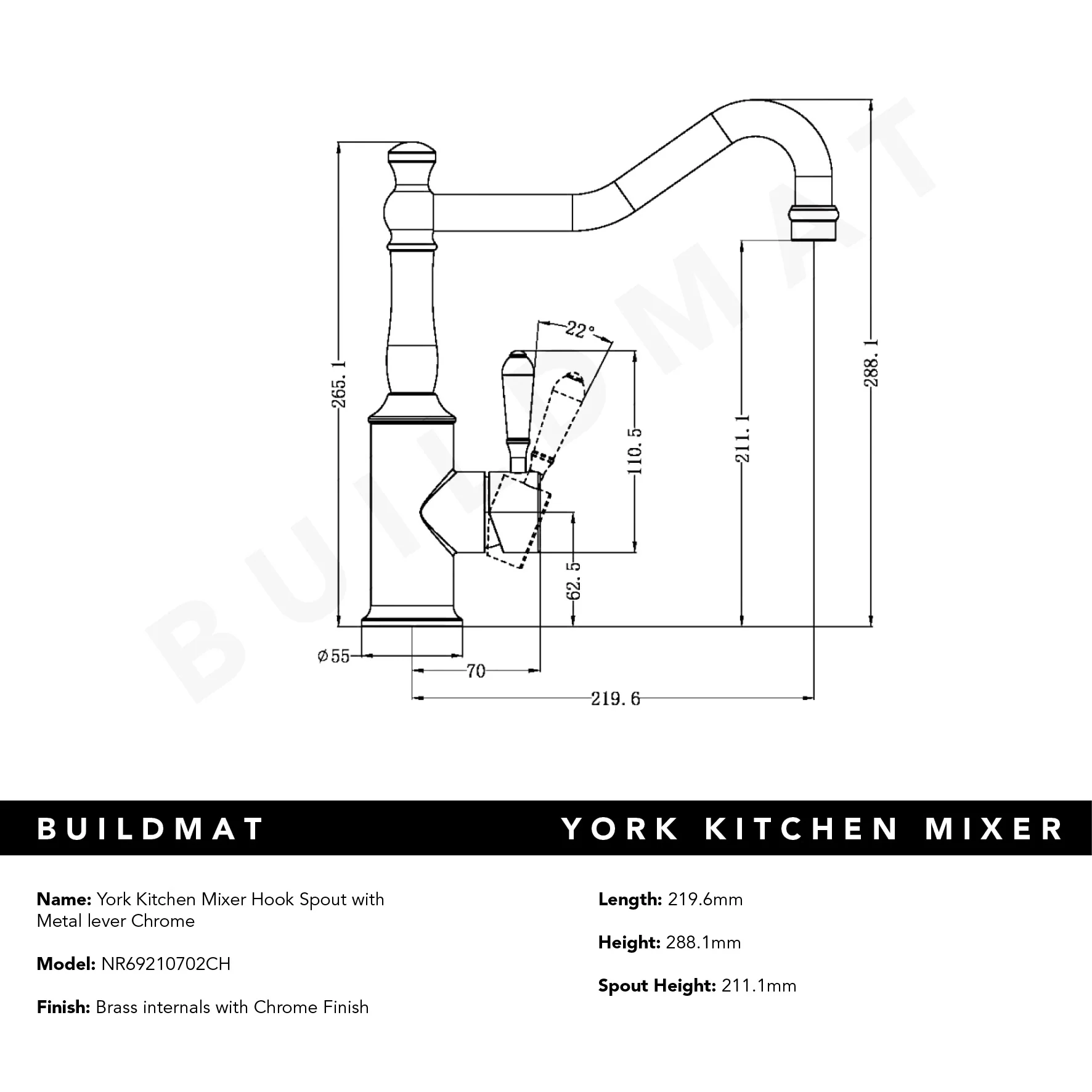 Nero York Kitchen Mixer Hook Spout with Metal Lever Chrome - Image 5