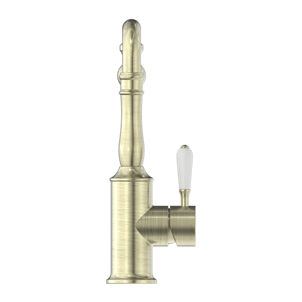 Nero York Kitchen Mixer Hook Spout with White Porcelain Lever Aged Brass - Image 4