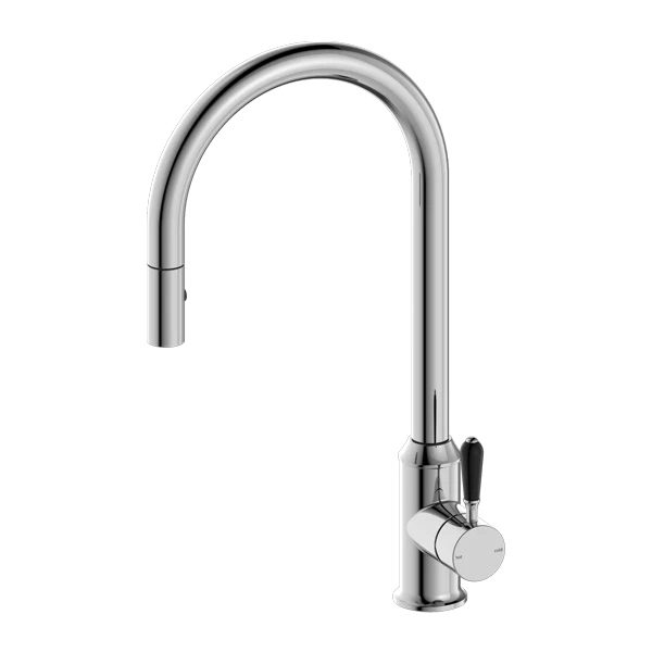 Nero York Pull Out Sink Mixer with Vegie Spray Function with Black Porcelain Lever Chrome