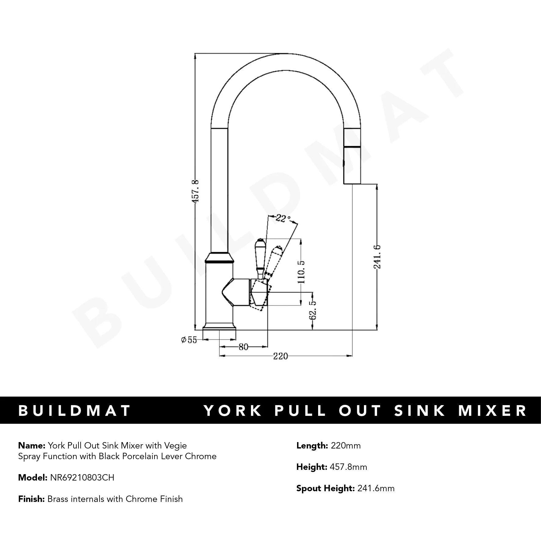 Nero York Pull Out Sink Mixer with Vegie Spray Function with Black Porcelain Lever Chrome - Image 5