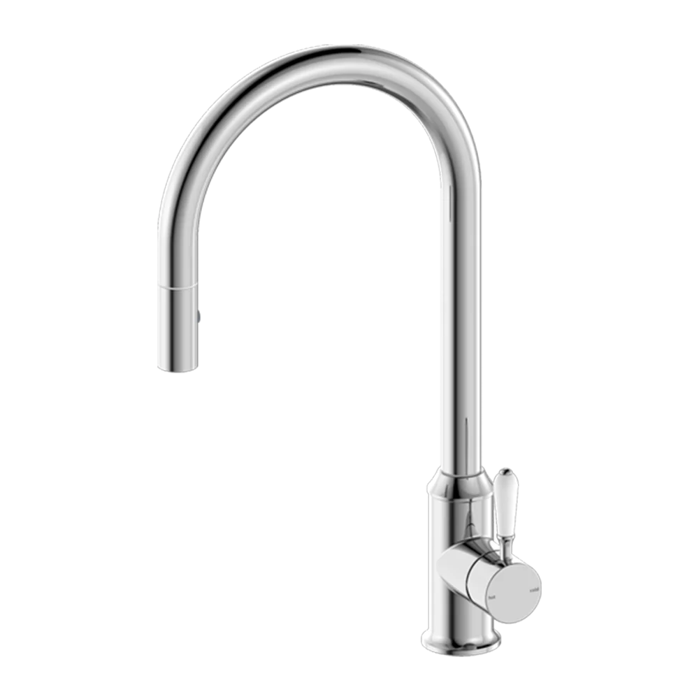 Nero York Pull Out Sink Mixer with Vegie Spray Function with White Porcelain Lever Chrome - Image 3