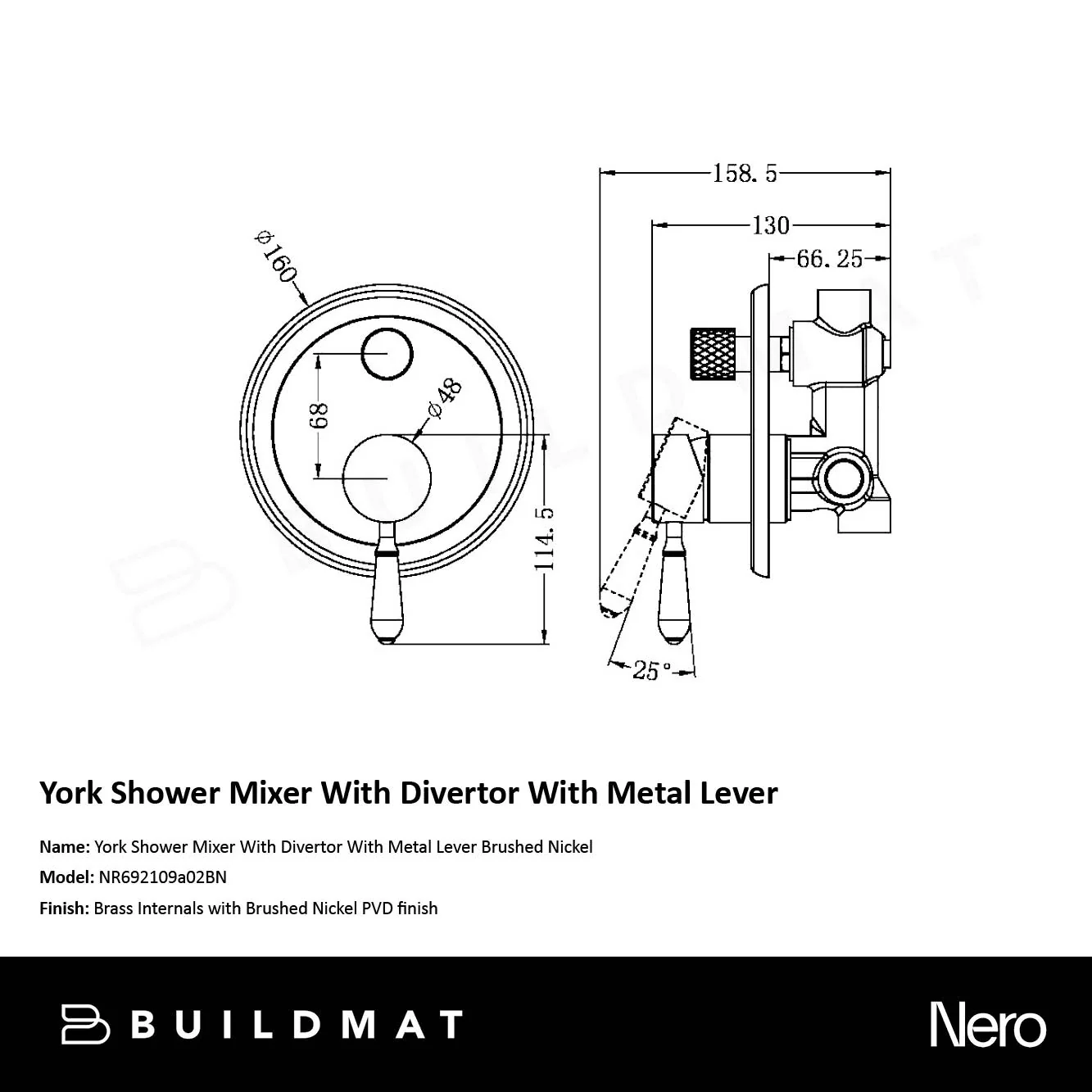 Nero York Shower Mixer with Divertor with Metal Lever Brushed Nickel - Image 4