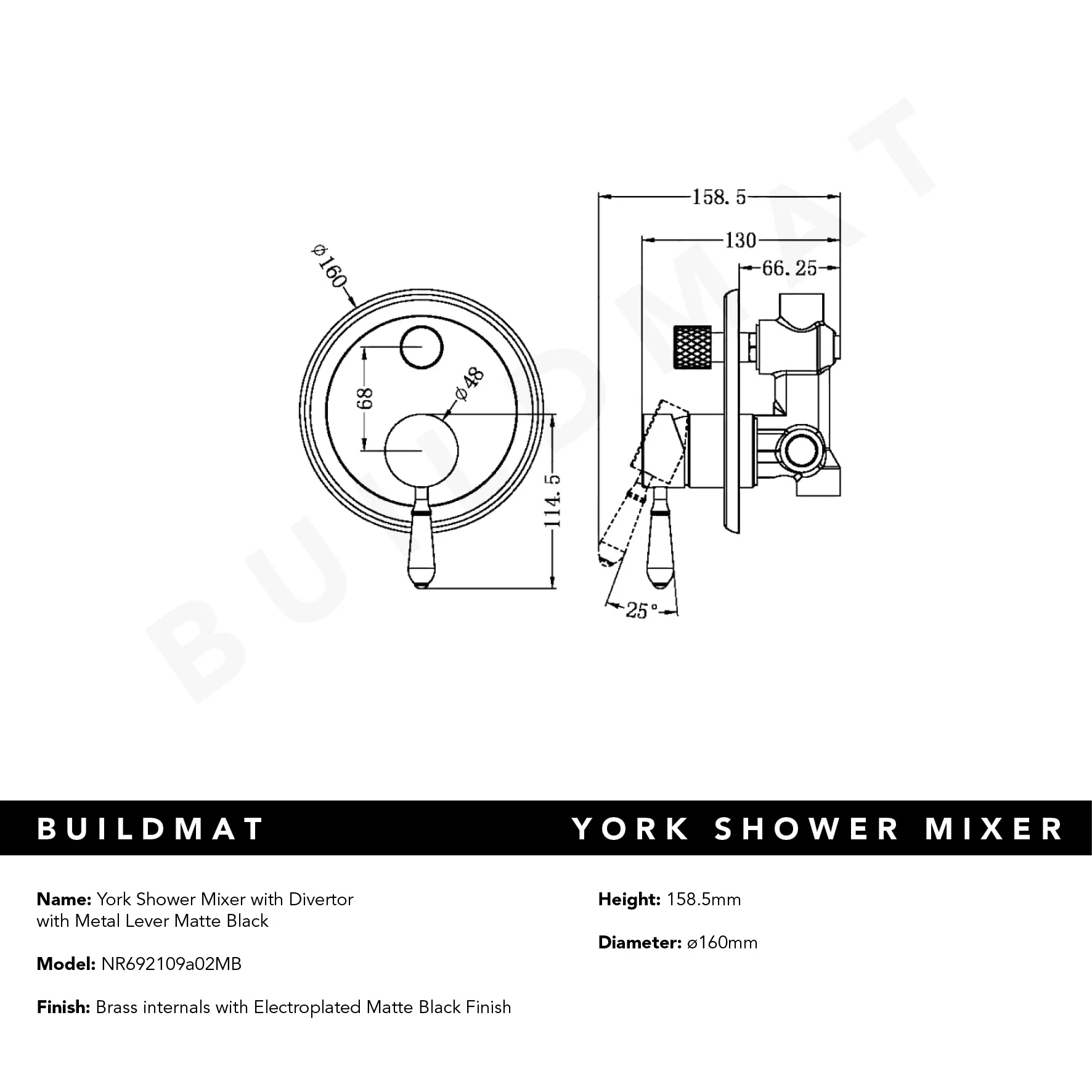 Nero York Shower Mixer with Divertor with Metal Lever Matte Black - Image 5