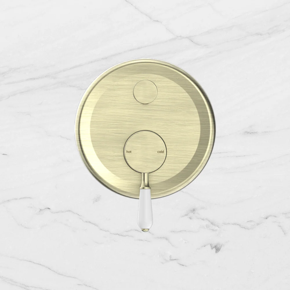 Nero York Shower Mixer with Divertor with White Porcelain Lever Aged Brass - Image 2