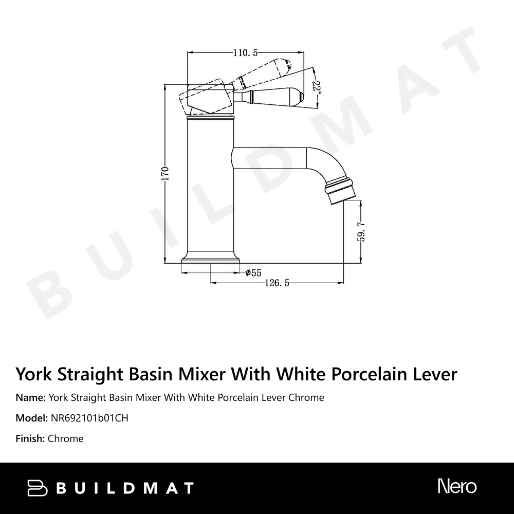 Nero York Straight Basin Mixer With White Porcelain Lever Chrome - Image 4