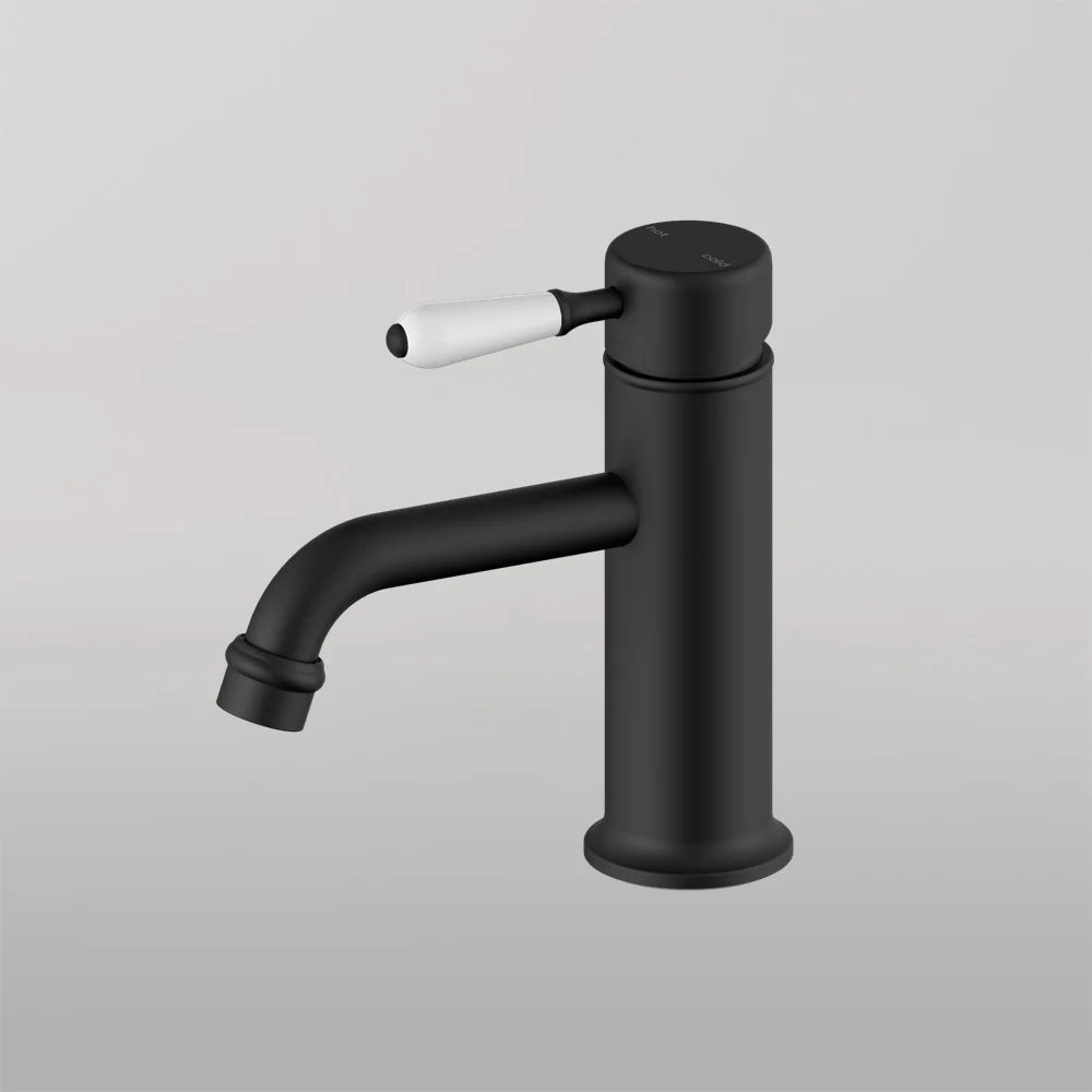 Nero York Straight Basin Mixer With White Porcelain Lever Matte Black - Image 2