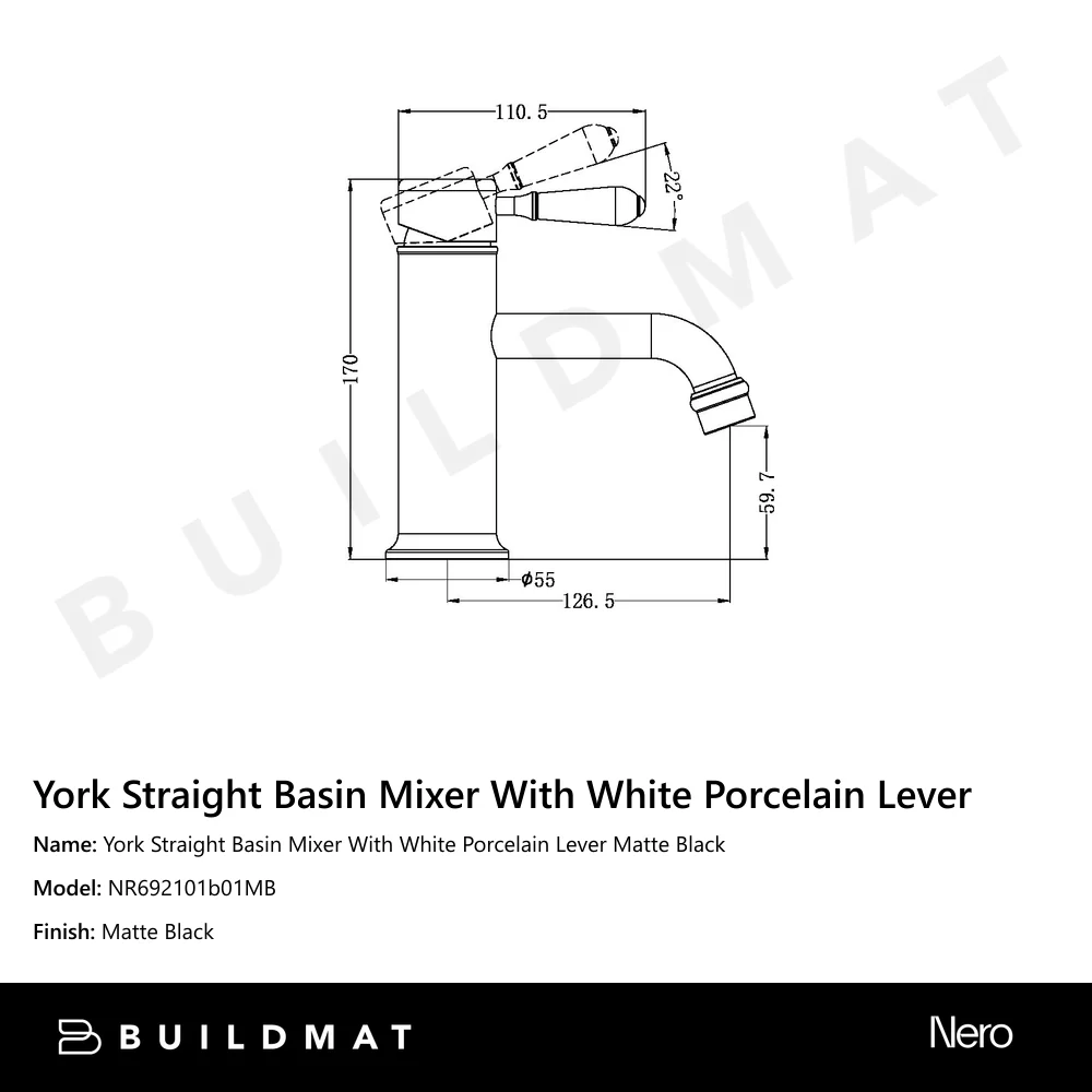 Nero York Straight Basin Mixer With White Porcelain Lever Matte Black - Image 4