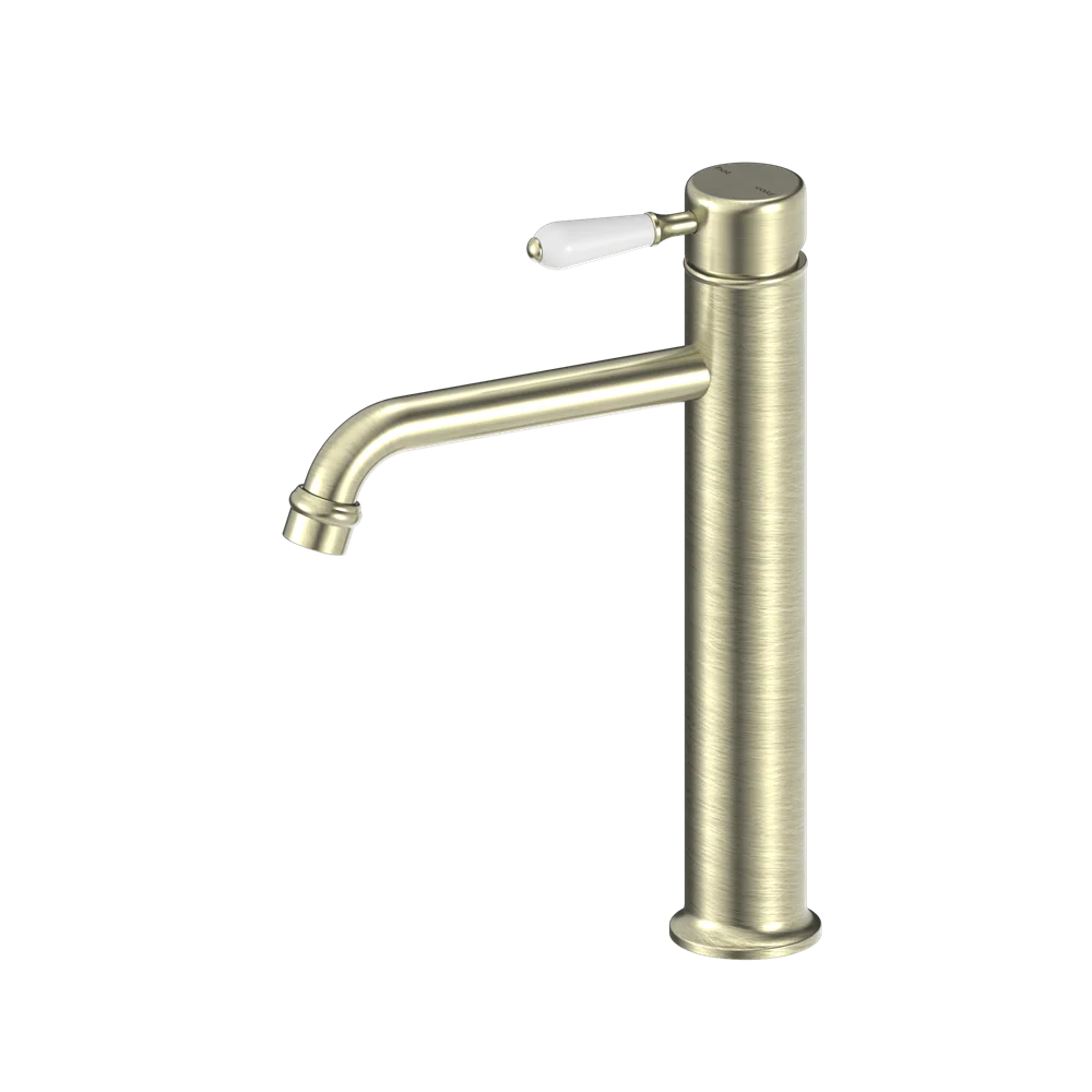 Nero York Straight Tall Basin Mixer With White Porcelain Lever Aged Brass - Image 3