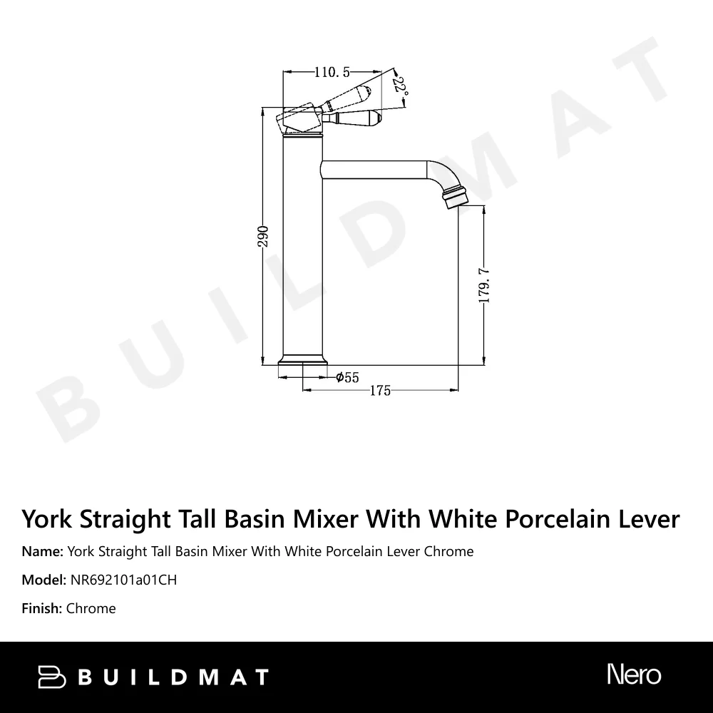 Nero York Straight Tall Basin Mixer With White Porcelain Lever Chrome - Image 4