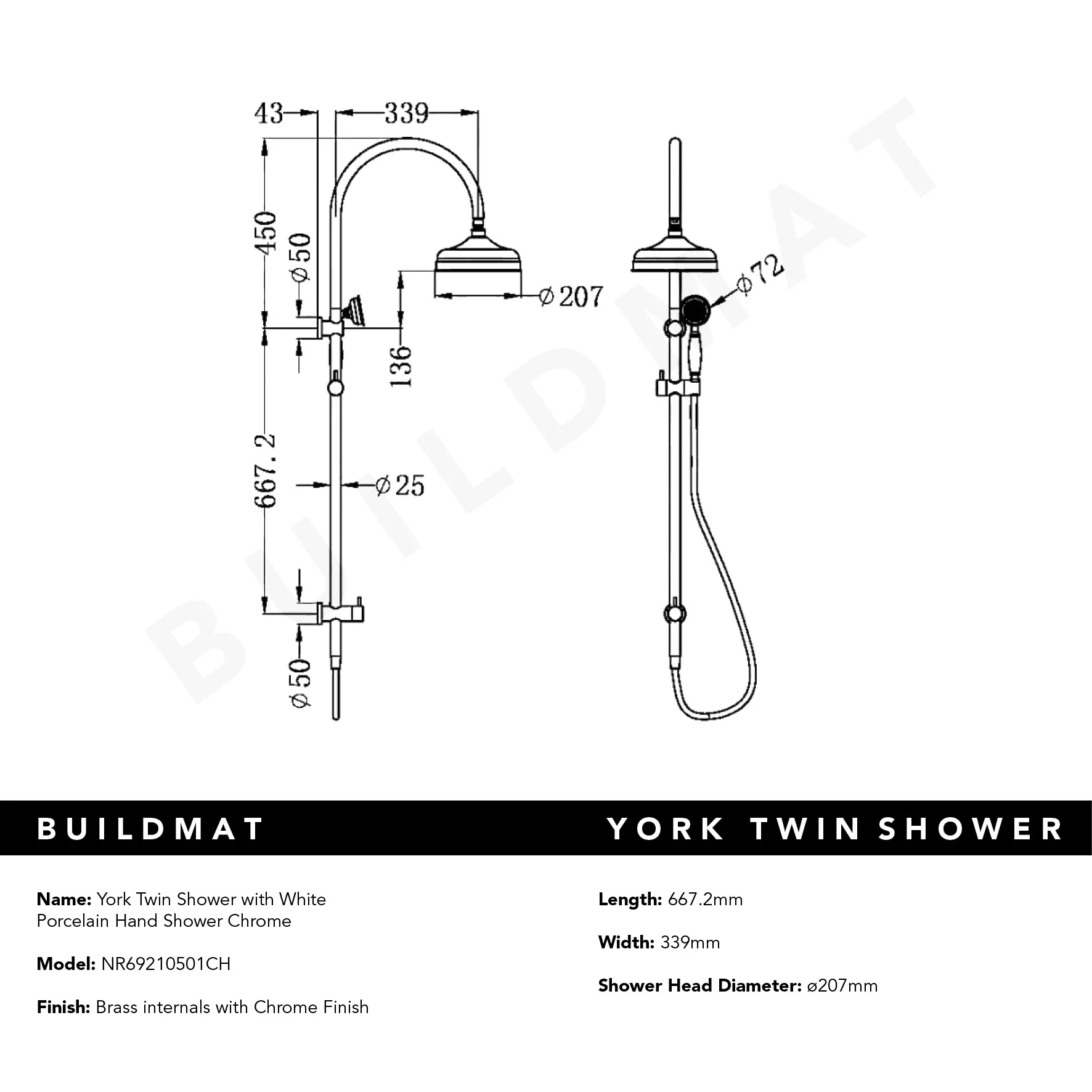 Nero York Twin Shower with White Porcelain Hand Shower Chrome - Image 5