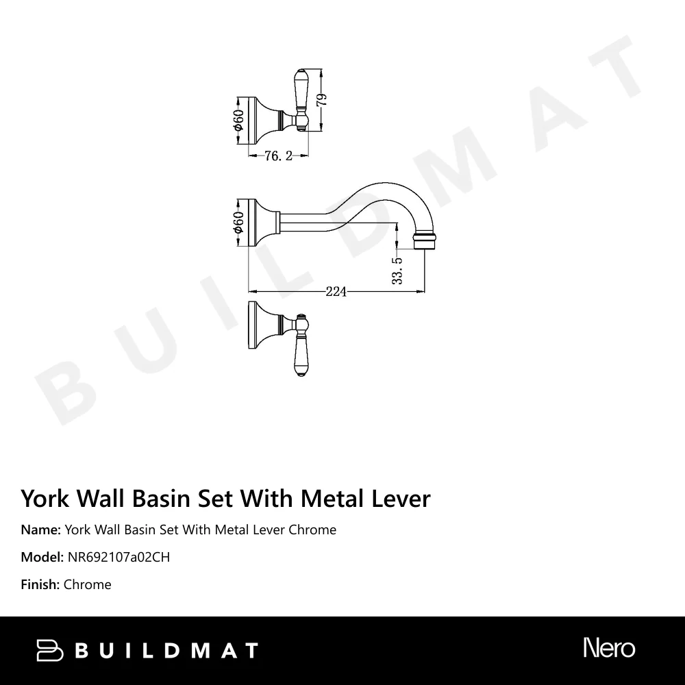 Nero York Wall Basin Set With Metal Lever Chrome - Image 4
