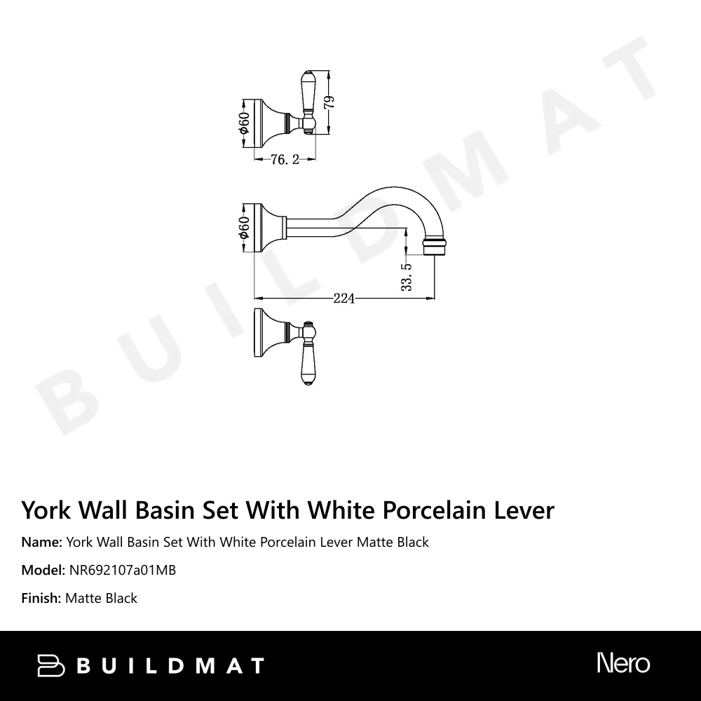 Nero York Wall Basin Set With White Porcelain Lever Matte Black - Image 4