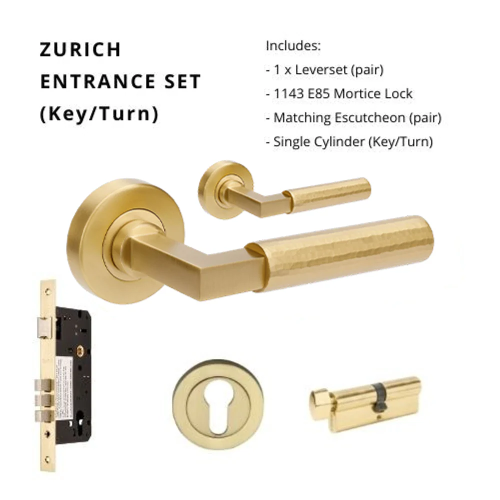 Zanda Zurich Hammered Entrance Set Lever Door Handle Satin Brass - Image 5