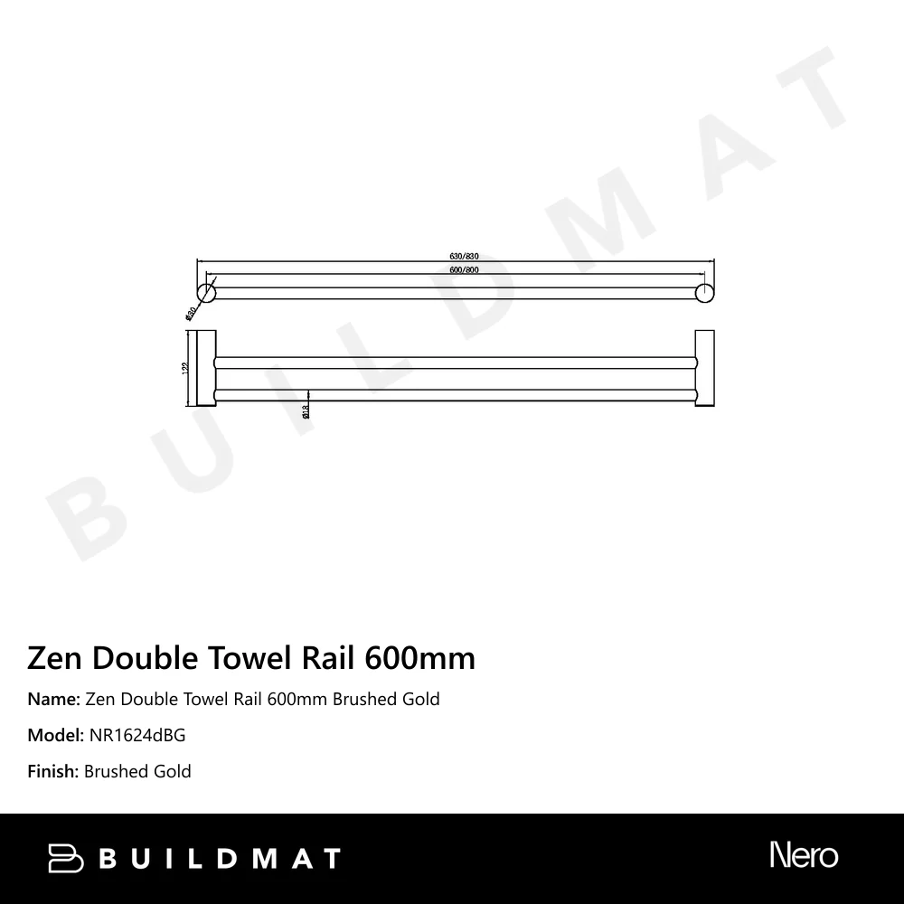 Nero Zen Double Towel Rail 600mm Brushed Gold - Image 4