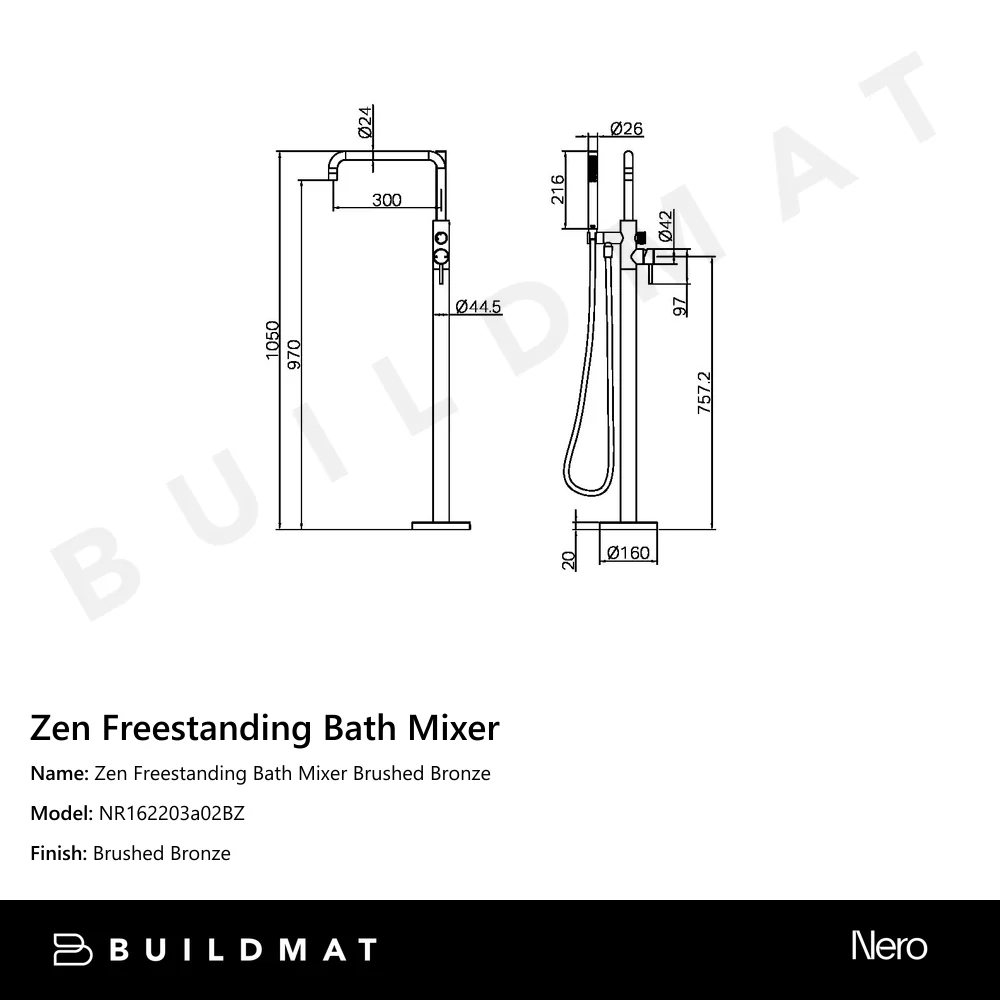 Nero Zen Freestanding Bath Mixer Brushed Bronze - Image 4