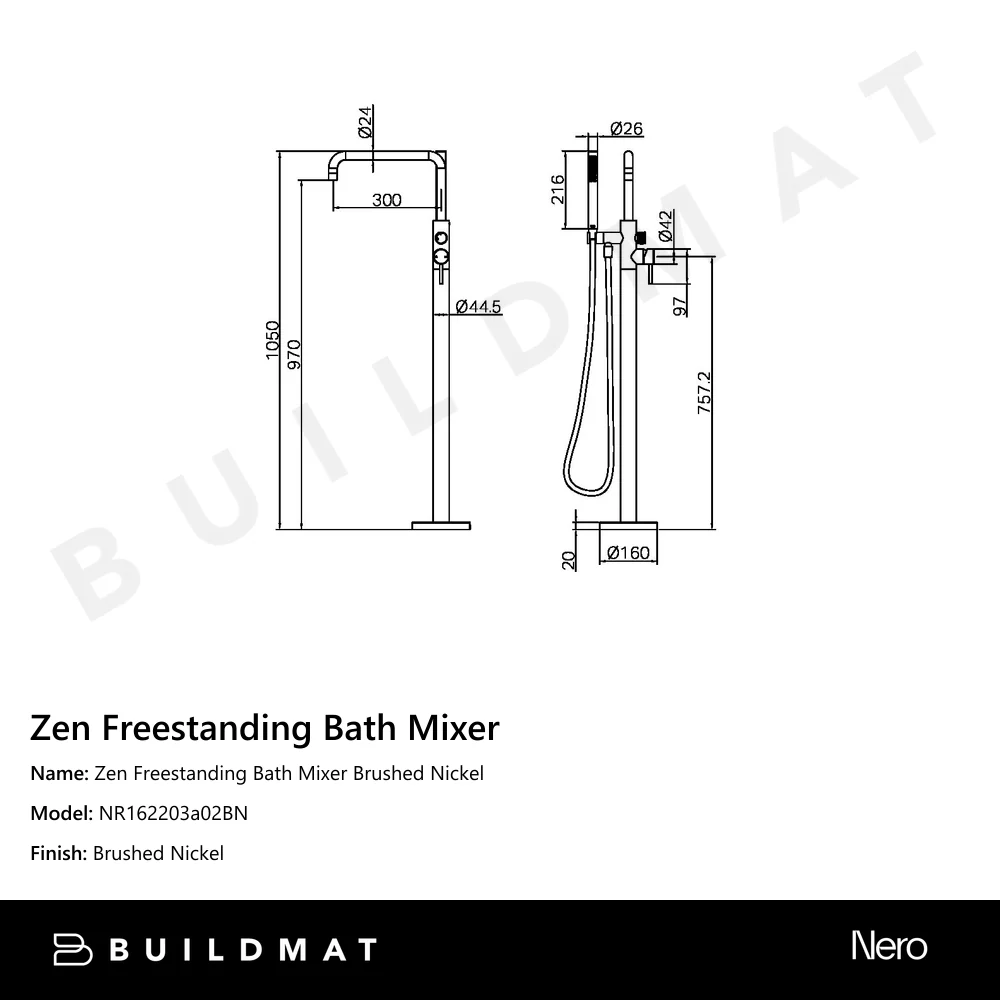 Nero Zen Freestanding Bath Mixer Brushed Nickel - Image 4