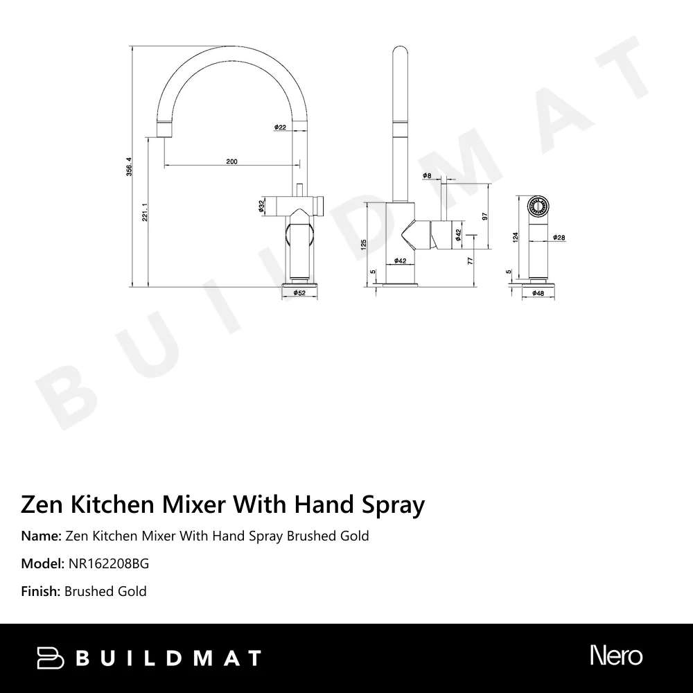 Nero Zen Kitchen Mixer With Hand Spray Brushed Gold - Image 4