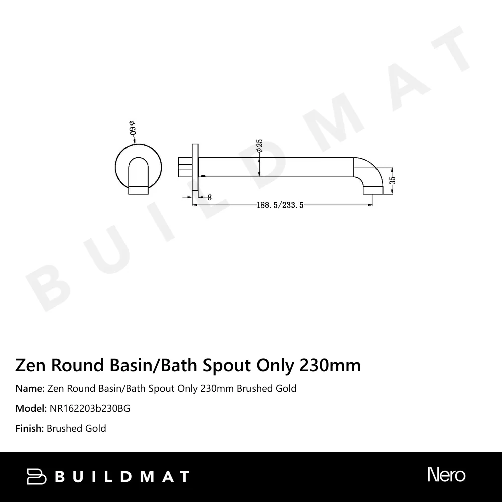 Nero Zen Round Basin/Bath Spout Only 230mm Brushed Gold - Image 4