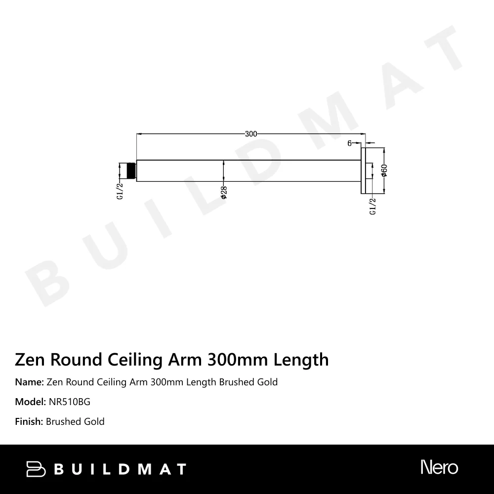 Nero Zen Round Ceiling Arm 300mm Length Brushed Gold - Image 4