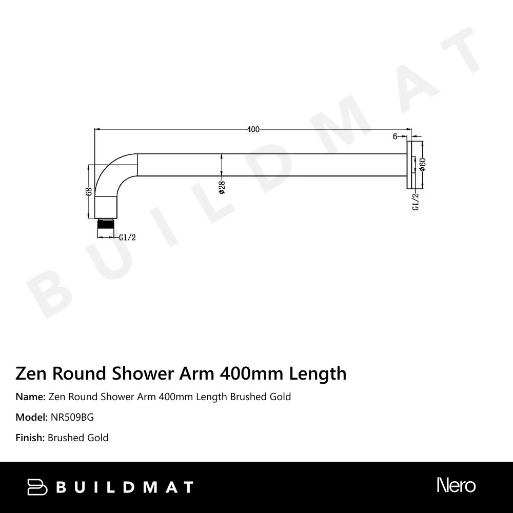 Nero Zen Round Shower Arm 400mm Length Brushed Gold - Image 4