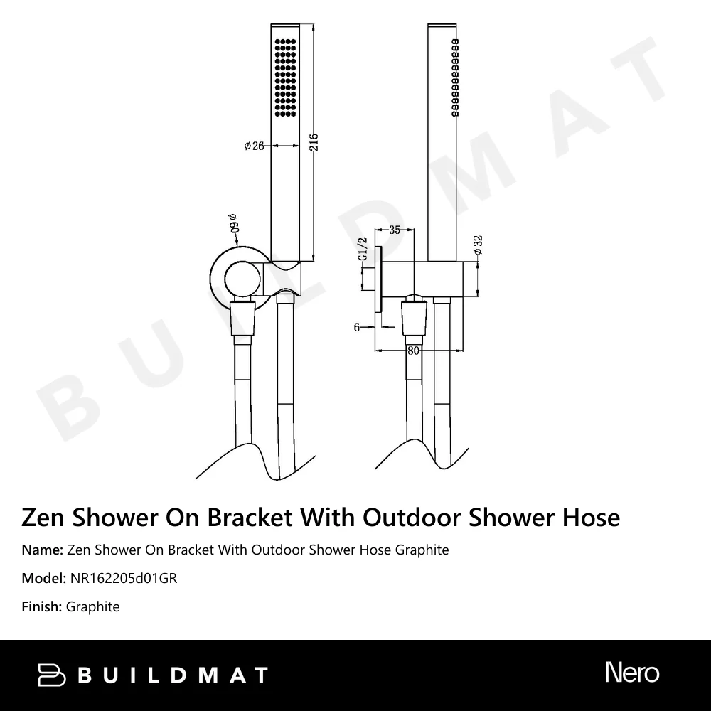 Nero Zen Shower On Bracket With Outdoor Shower Hose Graphite - Image 4