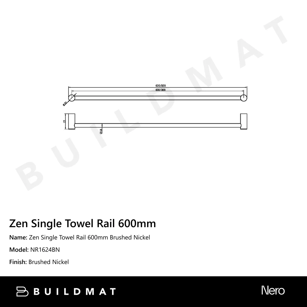 Nero Zen Single Towel Rail 600mm Brushed Nickel - Image 4