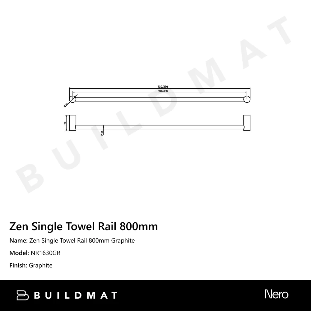 Nero Zen Single Towel Rail 800mm Graphite - Image 4