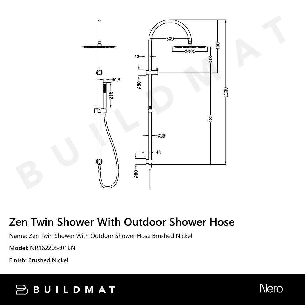 Nero Zen Twin Shower With Outdoor Shower Hose Brushed Nickel - Image 4