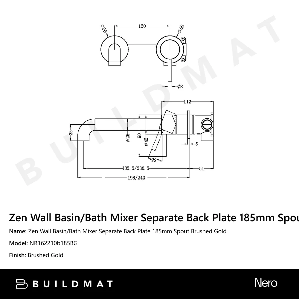Nero Zen Wall Basin/Bath Mixer Separate Back Plate 185mm Spout Brushed Gold - Image 4